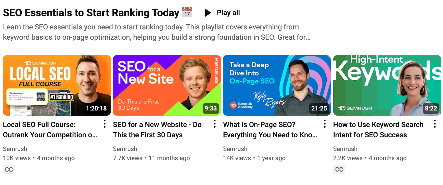 Example of a thematic playlist on YouTube for SEMrush.