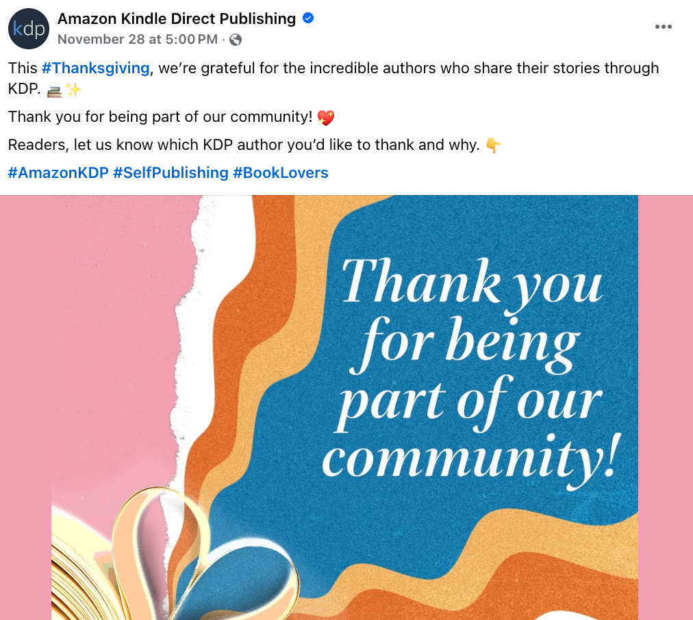 Screenshot of Amazon Kindle Direct Publishing Facebook post.