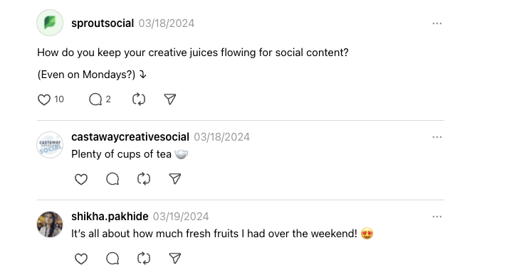 A post from Sprout Social's profile on Threads. The post asks for ways to keep creative juices flowing for social content and people respond to the thread.