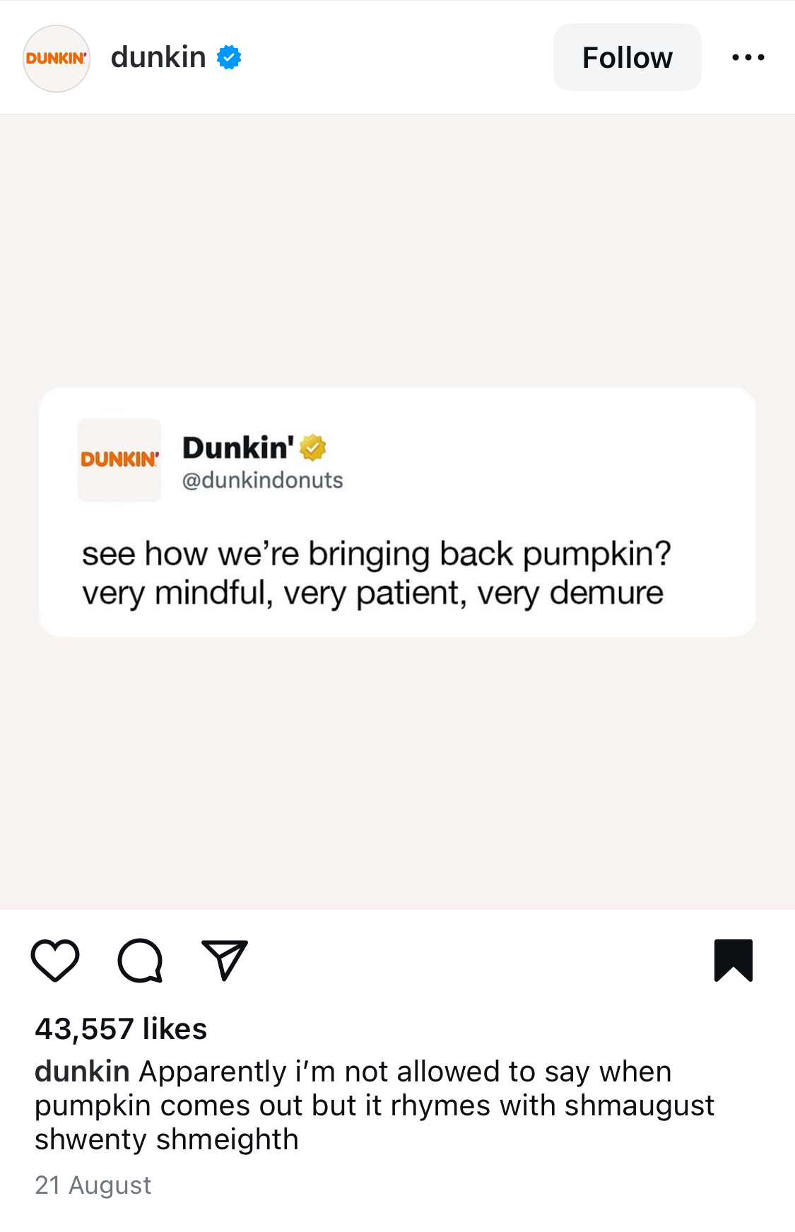 Dunkin Donuts Instagram post of an X post jumping in on the demure trend.