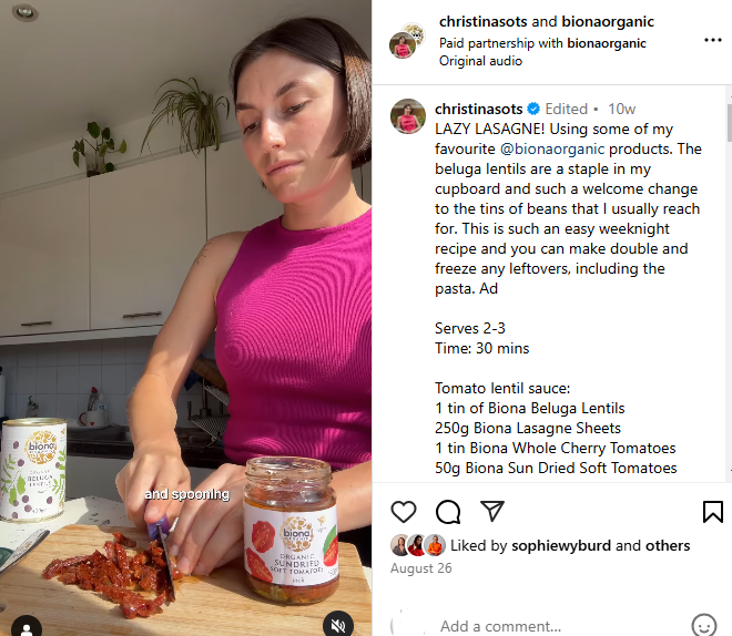 An Instagram post from creator @Christinasots featuring a collaborative recipe with vegan brand Biona Organic.