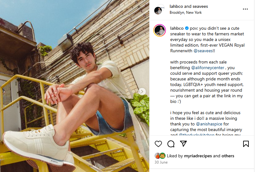 An Instagram post highlighting influencer @Lahbco and SeaVees’ footwear collaboration.