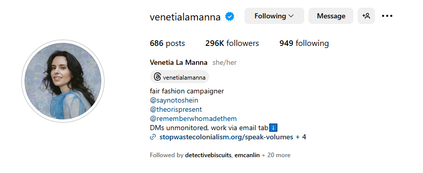 Venetia La Manna refers potential partners to her email over DMs.