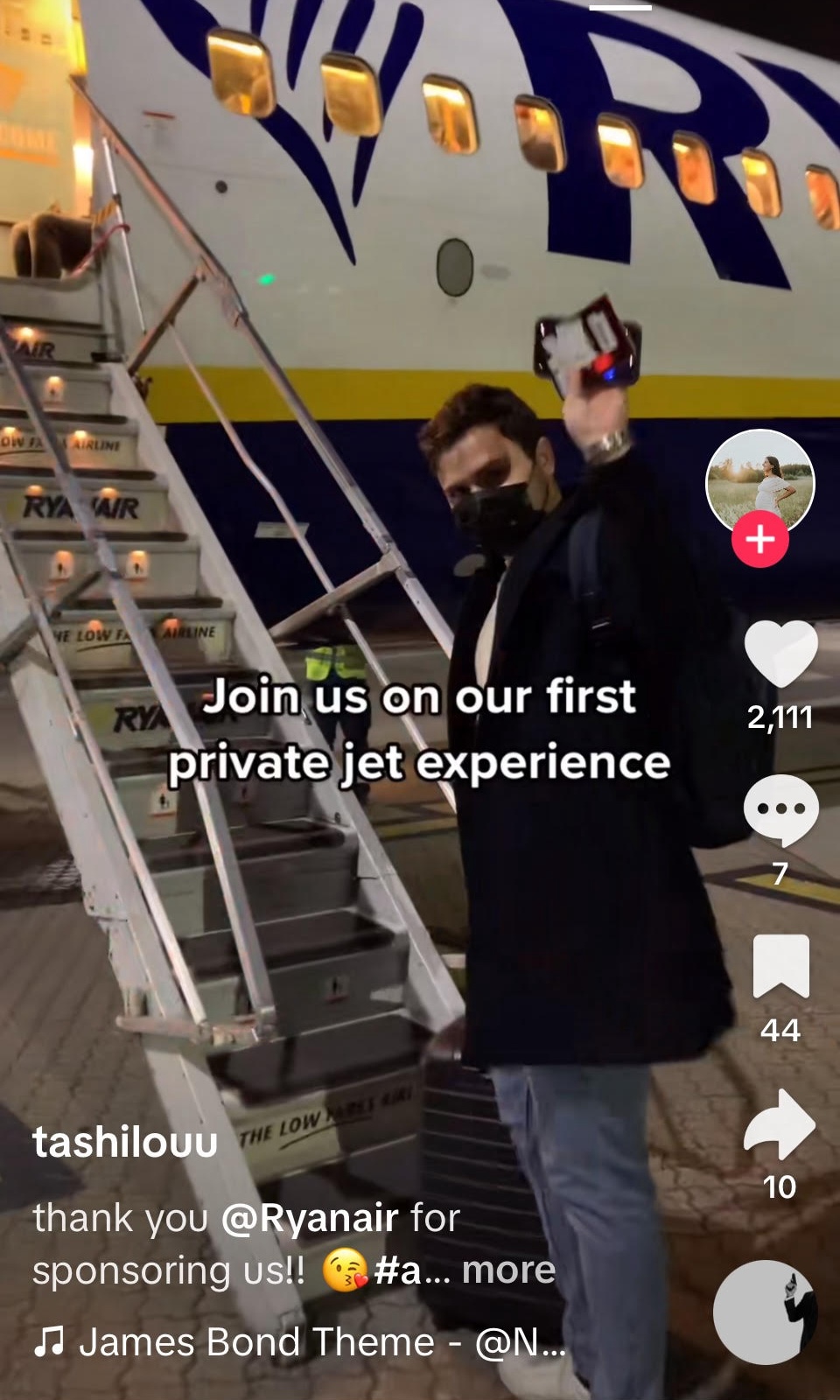 A screenshot image of a sponsored TikTok post from creator, @Tashilouu, for Ryanair