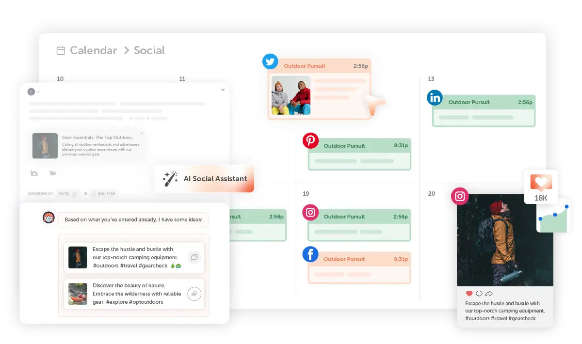 CoSchedule social calendar showing a few sample posts along with ideas recommended by AI Social Assistant
