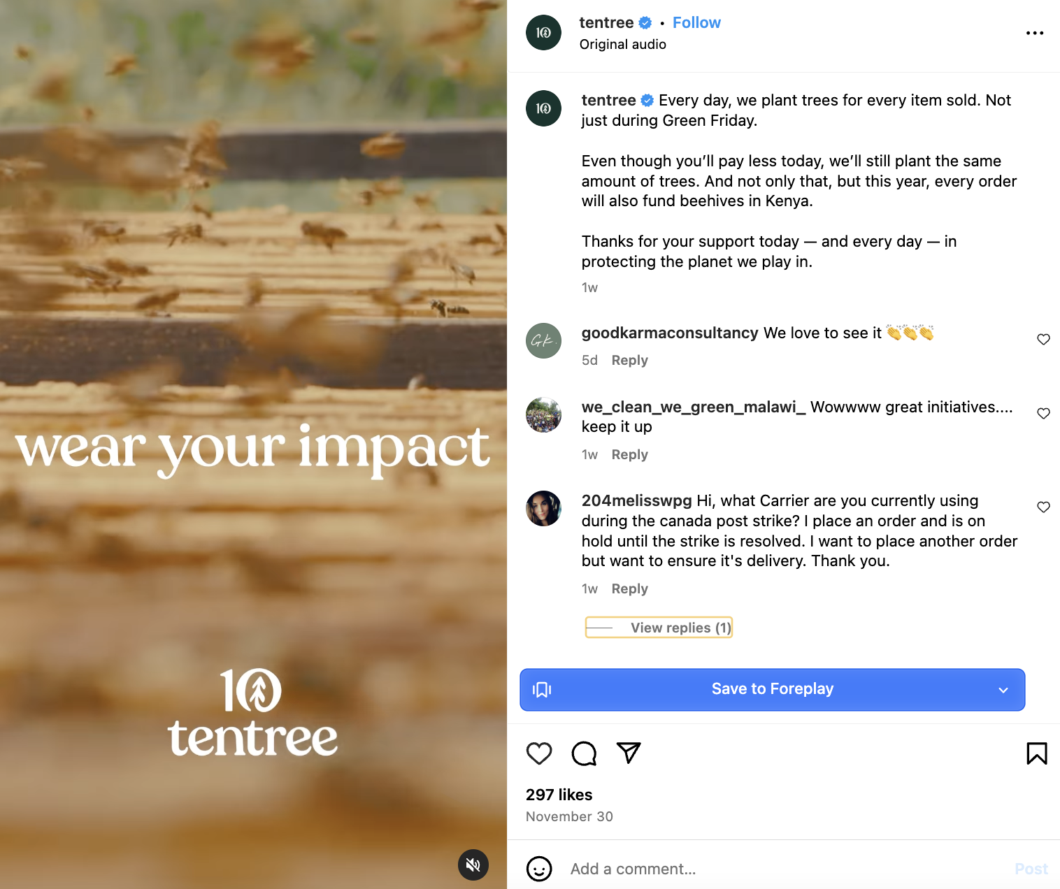 Instagram post from tentree showing text that reads