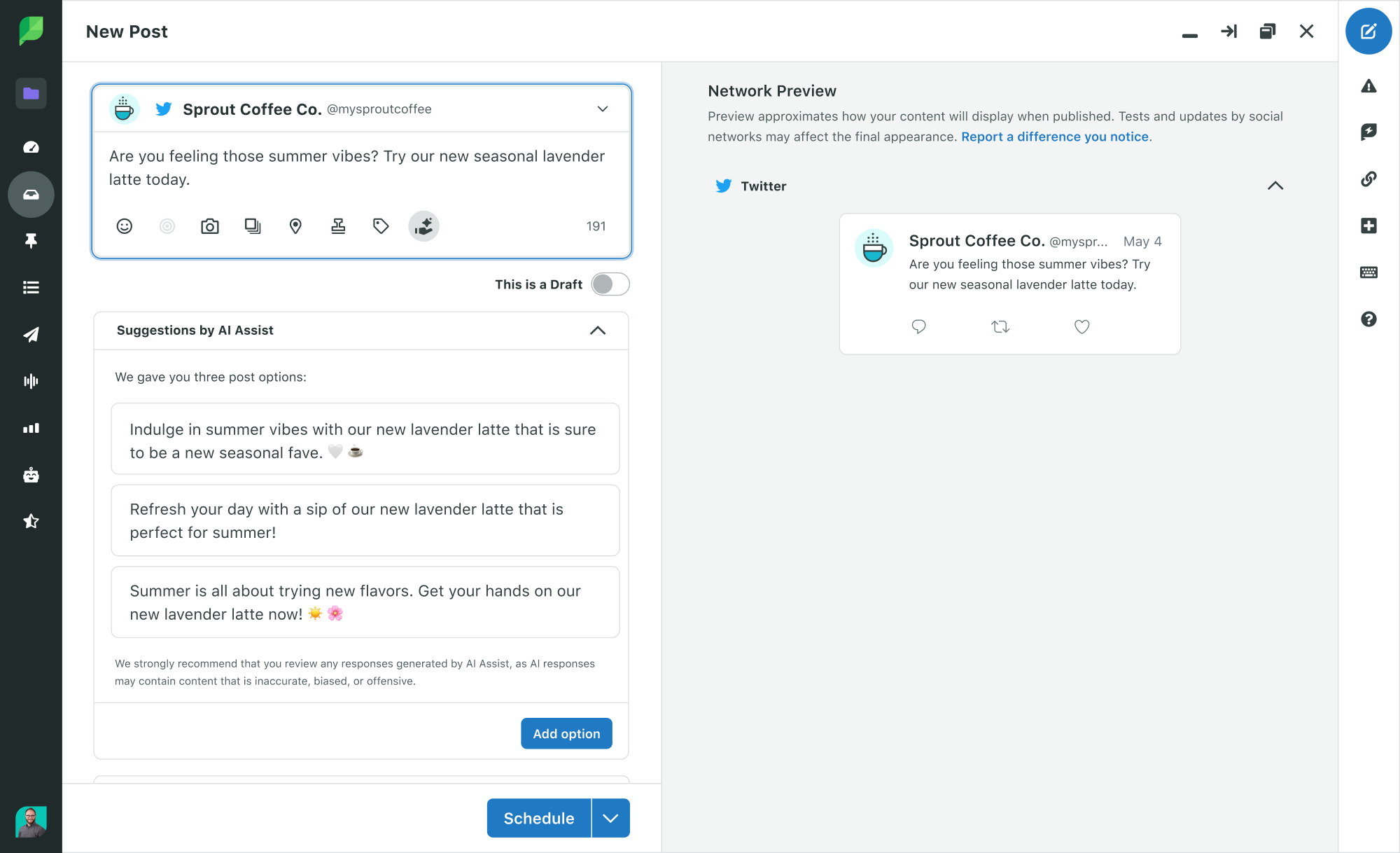 Sprout Social compose window showing a preview for Twitter and some suggestions provided by Suggestions by AI Assist