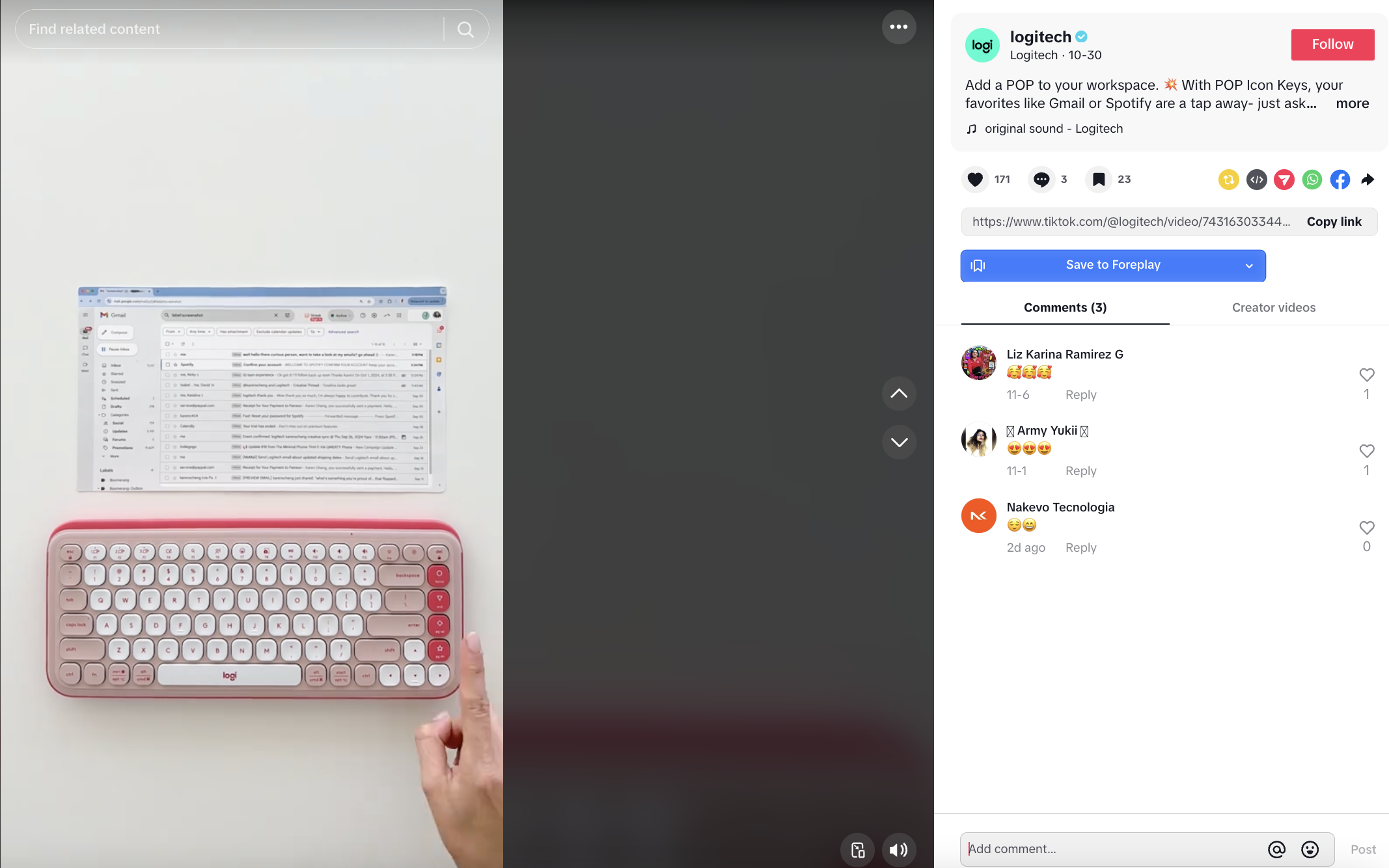TikTok post by Logitech showing a person's hand hovering over a POP Icon key on a pink keyboard