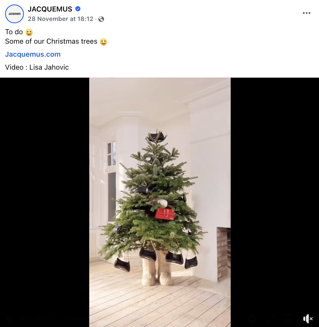 Jacquemus Facebook post showing a Christmas tree with several handbags used as ornaments