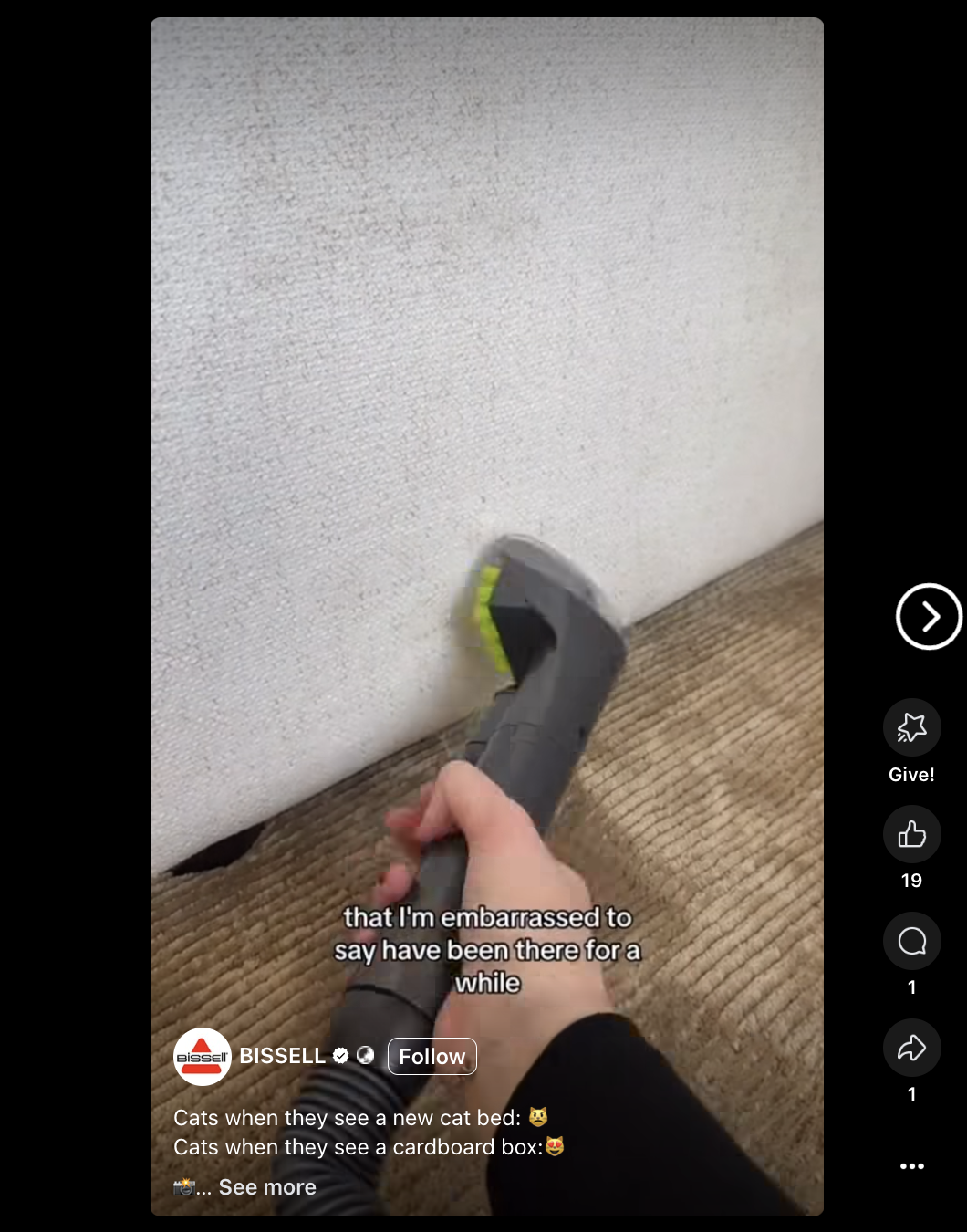 Facebook Reel from Bissell showing a person's hand holding a vacuum brush against the lower part of a couch