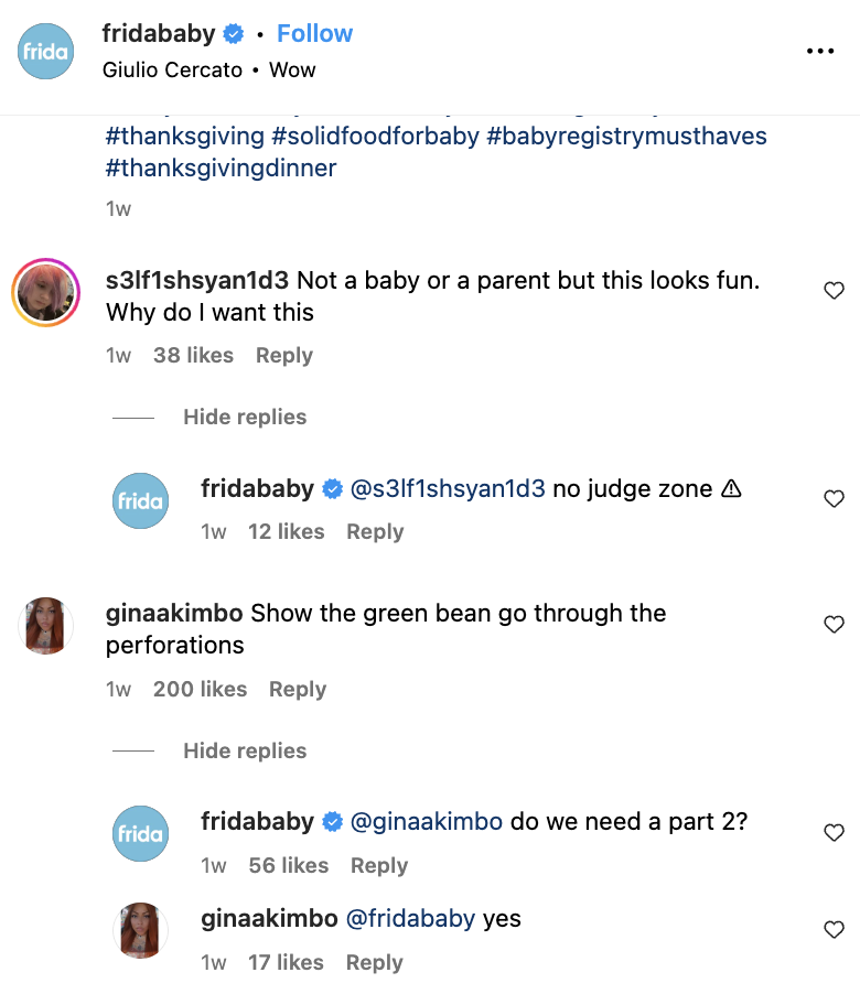 Frida Baby responding to comments on the brand's Instagram posts