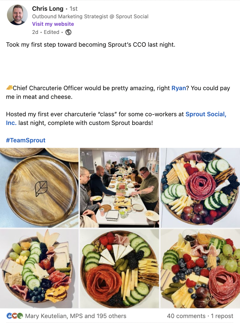LinkedIn post from a Sprout employee sharing how he held a charcuterie class for his Sprout colleagues