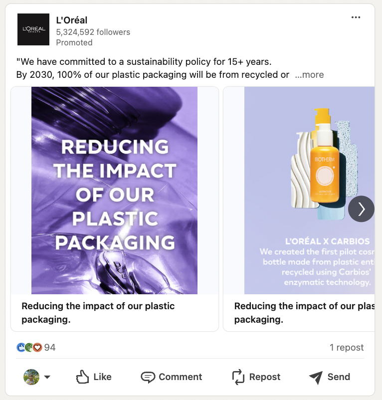 LinkedIn carousel ad from L'Oreal showing the various ways in which the brand is reducing the impact of its plastic packaging