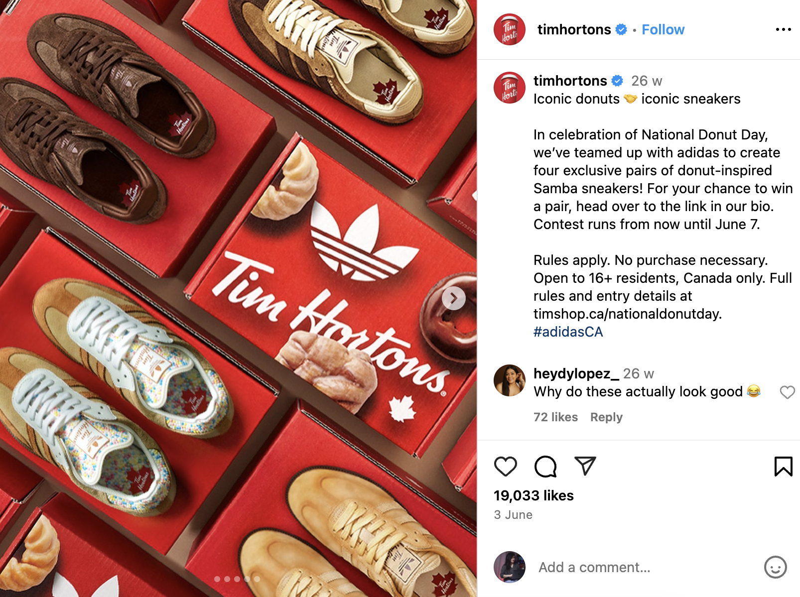 An Instagram post about Donut-inspired Samba sneakers from Tim Hortons' collaboration with adidas for celebrating National Donut Day.