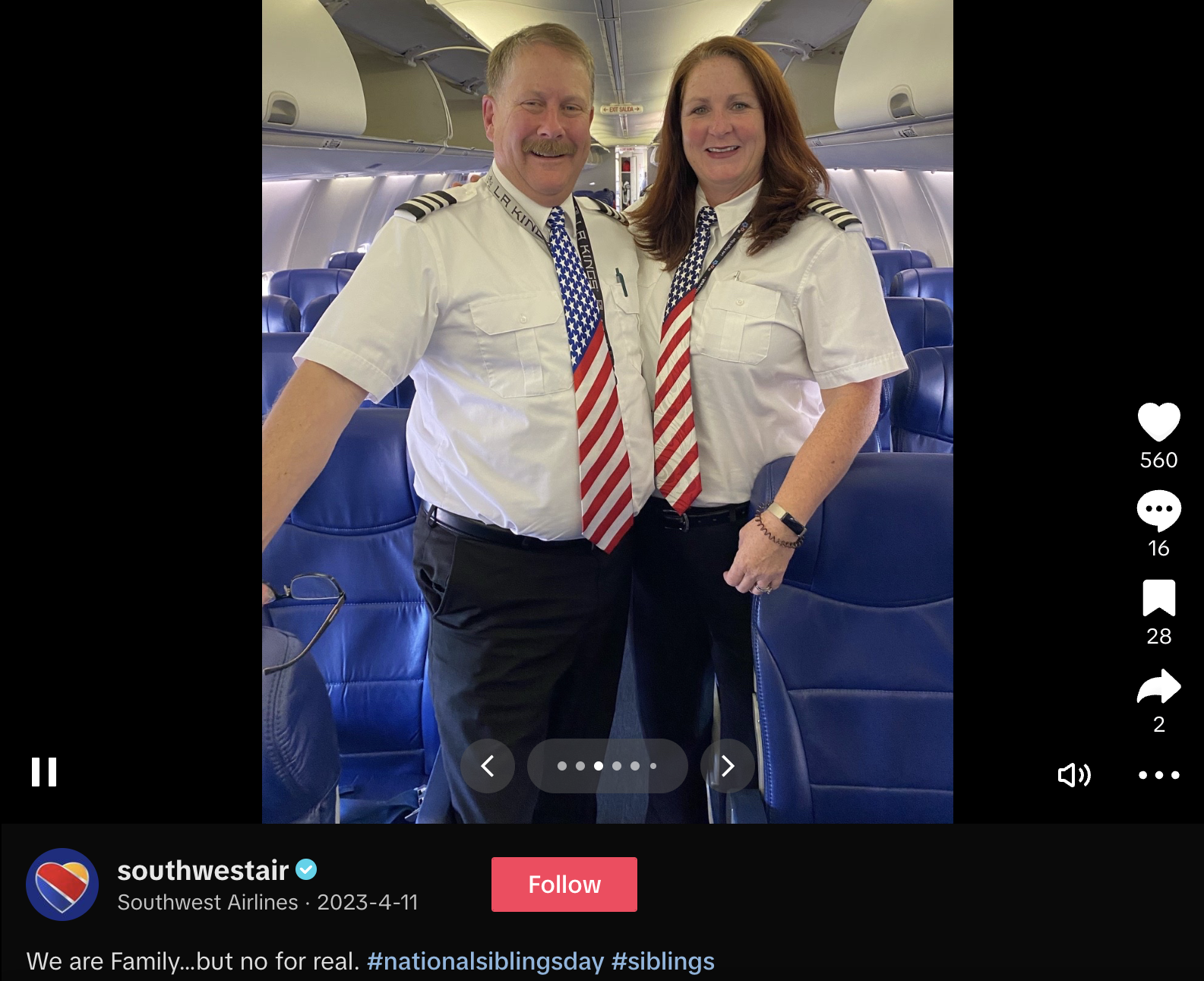 Southwest Airlines TikTok video introducing siblings working together as flight crew members.