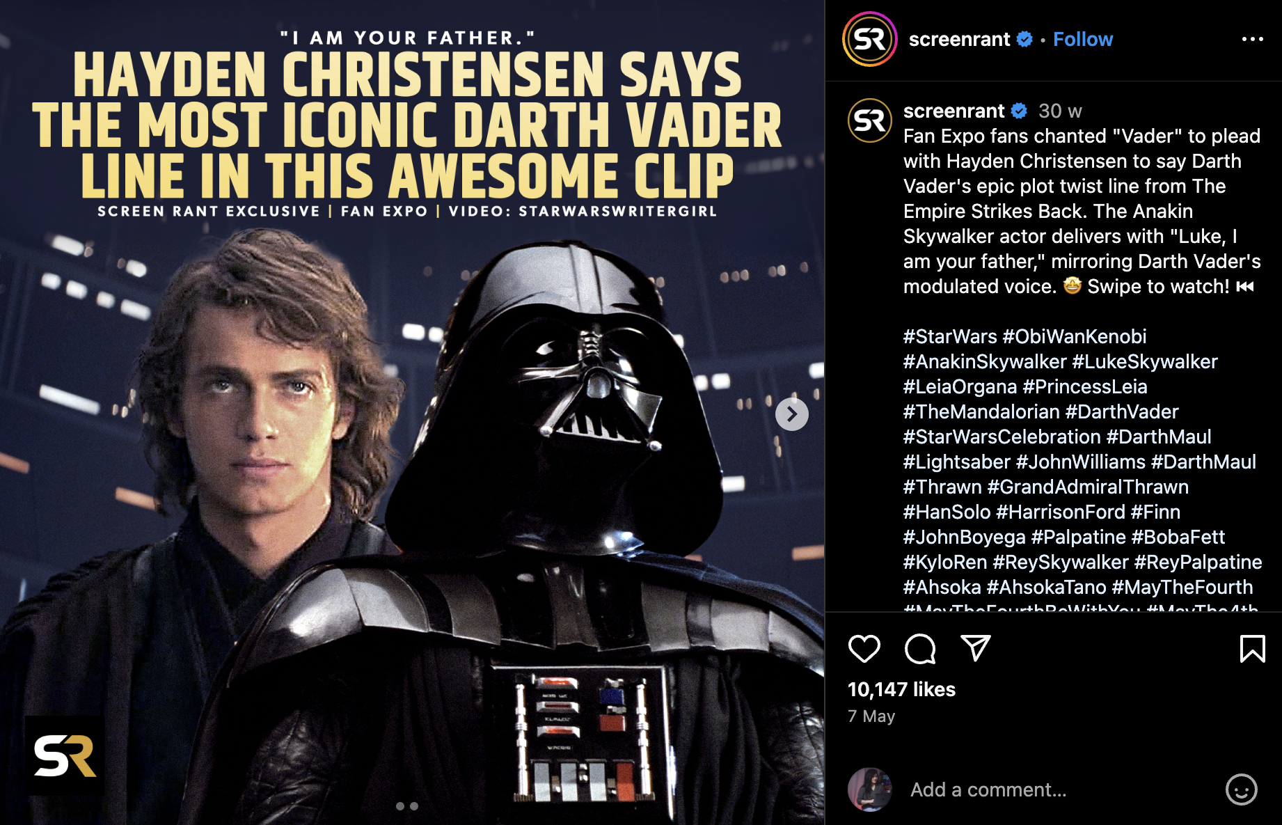 LEGO's Instagram post where they celebrate #Maythe4th by showcasing user-generated content of their iconic LEGO Star Wars sets.