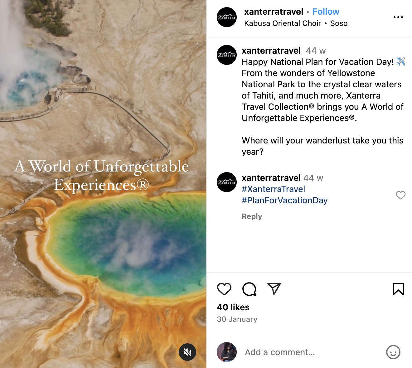 Travel Collection's Instagram post for celebrating National Plan for Vacation Day, showcasing destinations like Yellowstone National Park and Tahiti