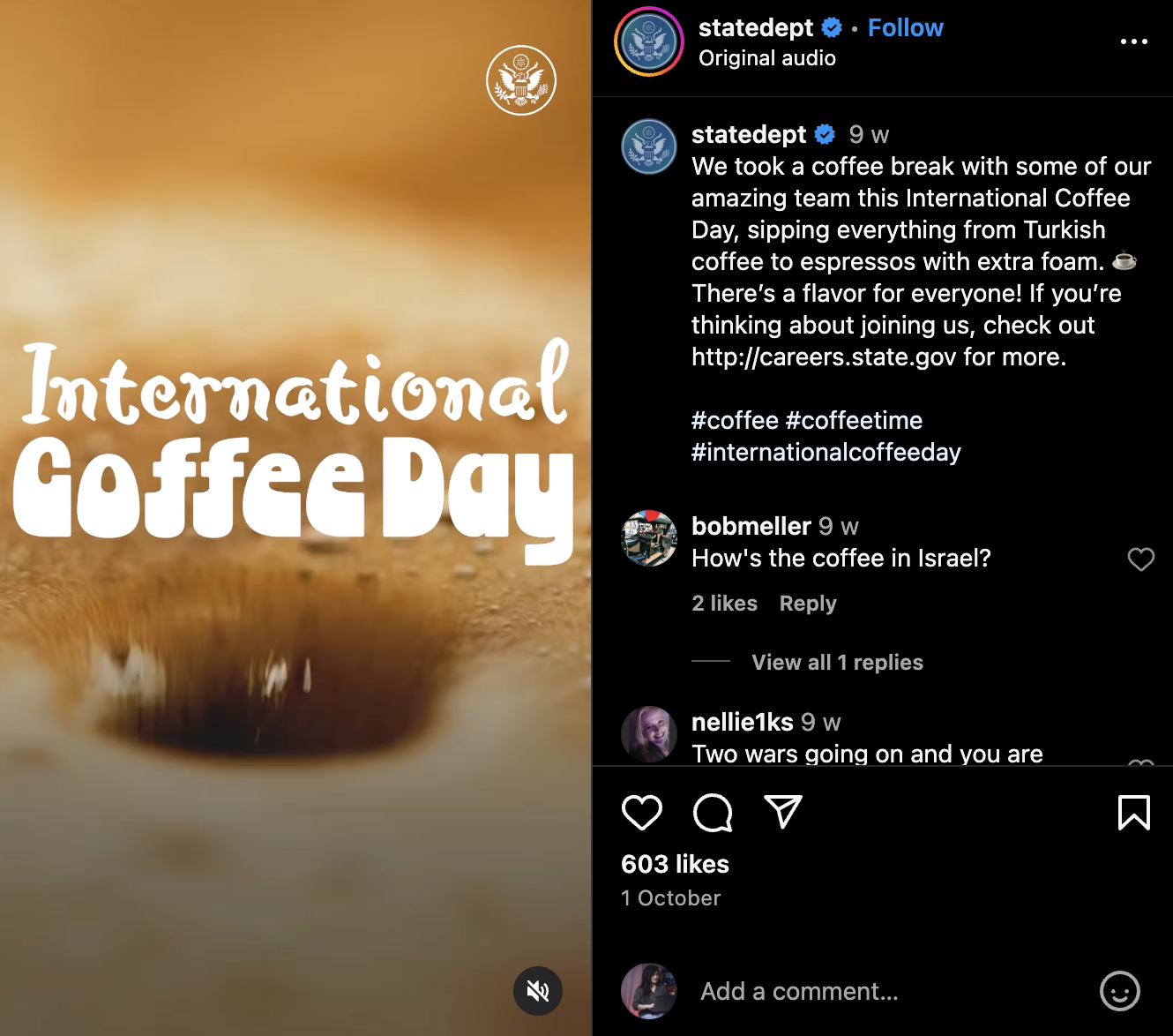 The U.S. State Department celebrates #InternationalCoffeeDay with a diverse coffee break featuring Turkish coffee and espressos, showcasing camaraderie and inviting others to join their team.