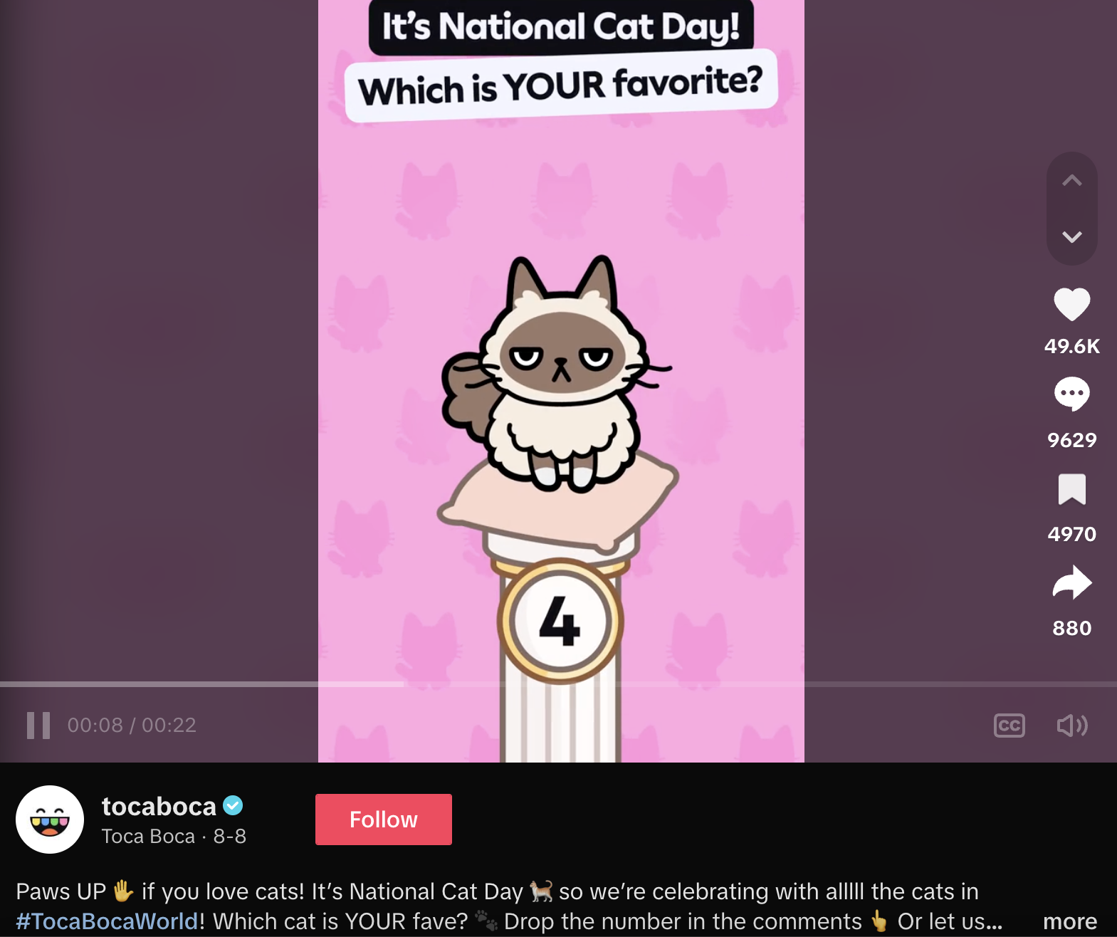 Toca Boca's #NationalCatDay video showcasing all the cats in the Toca Boca world, inviting followers to pick their favorite and comment.