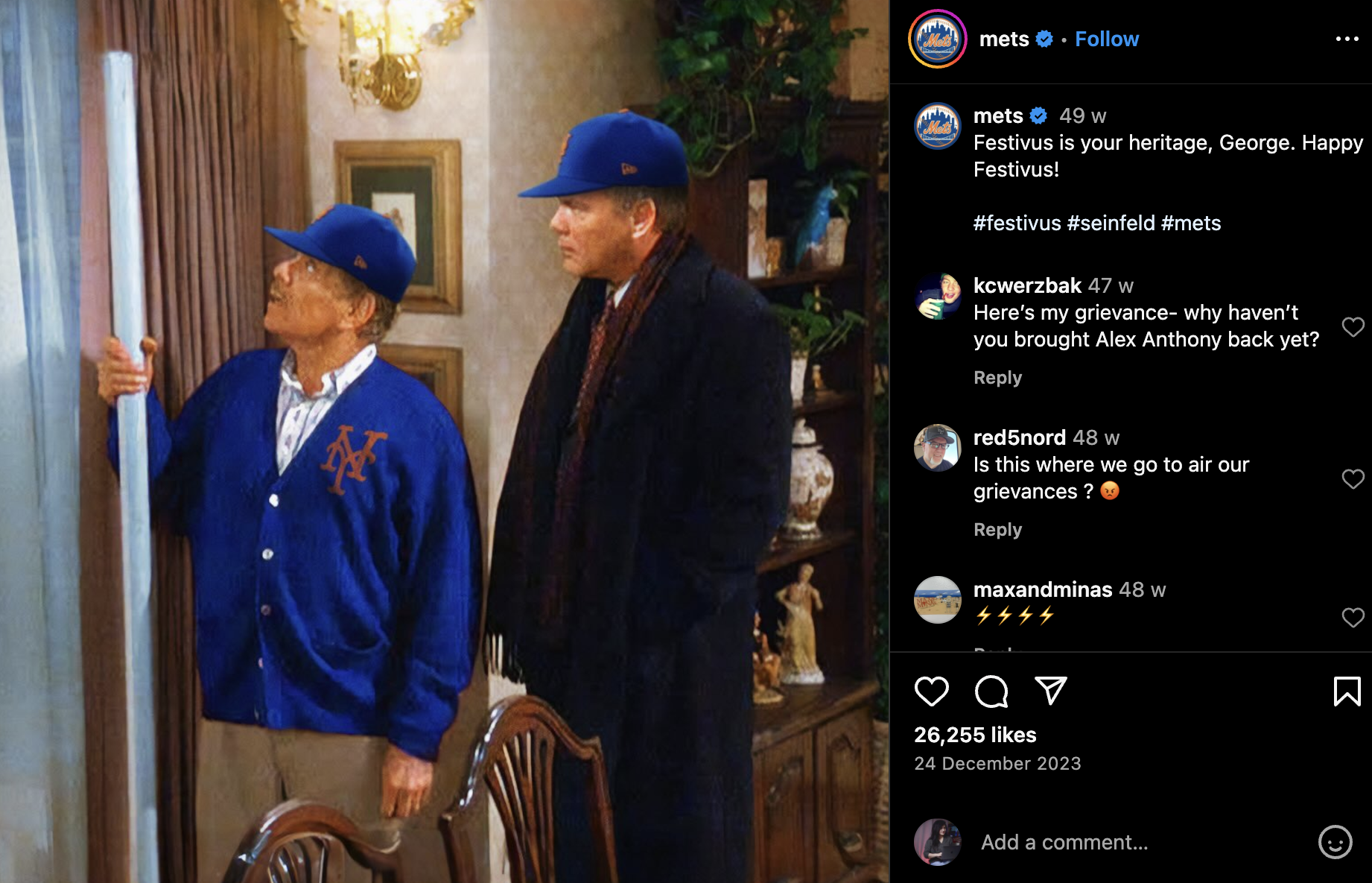 The Mets celebrate #Festivus on Instagram with a playful Seinfeld-inspired post, engaging followers with nostalgic humor and a nod to pop culture.