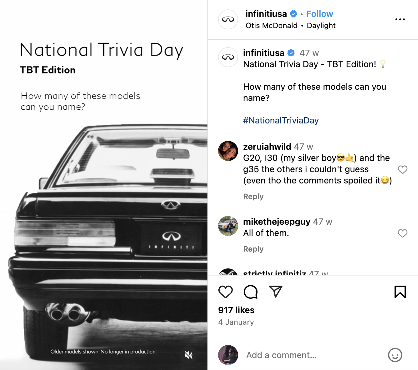 National Trivia Day's Instagram post from INFINITI USA on a fun quiz about car models.