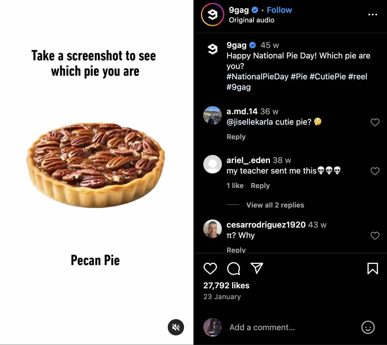 9GAG post for celebrating National Pie Day, featuring a fun and engaging question asking followers,