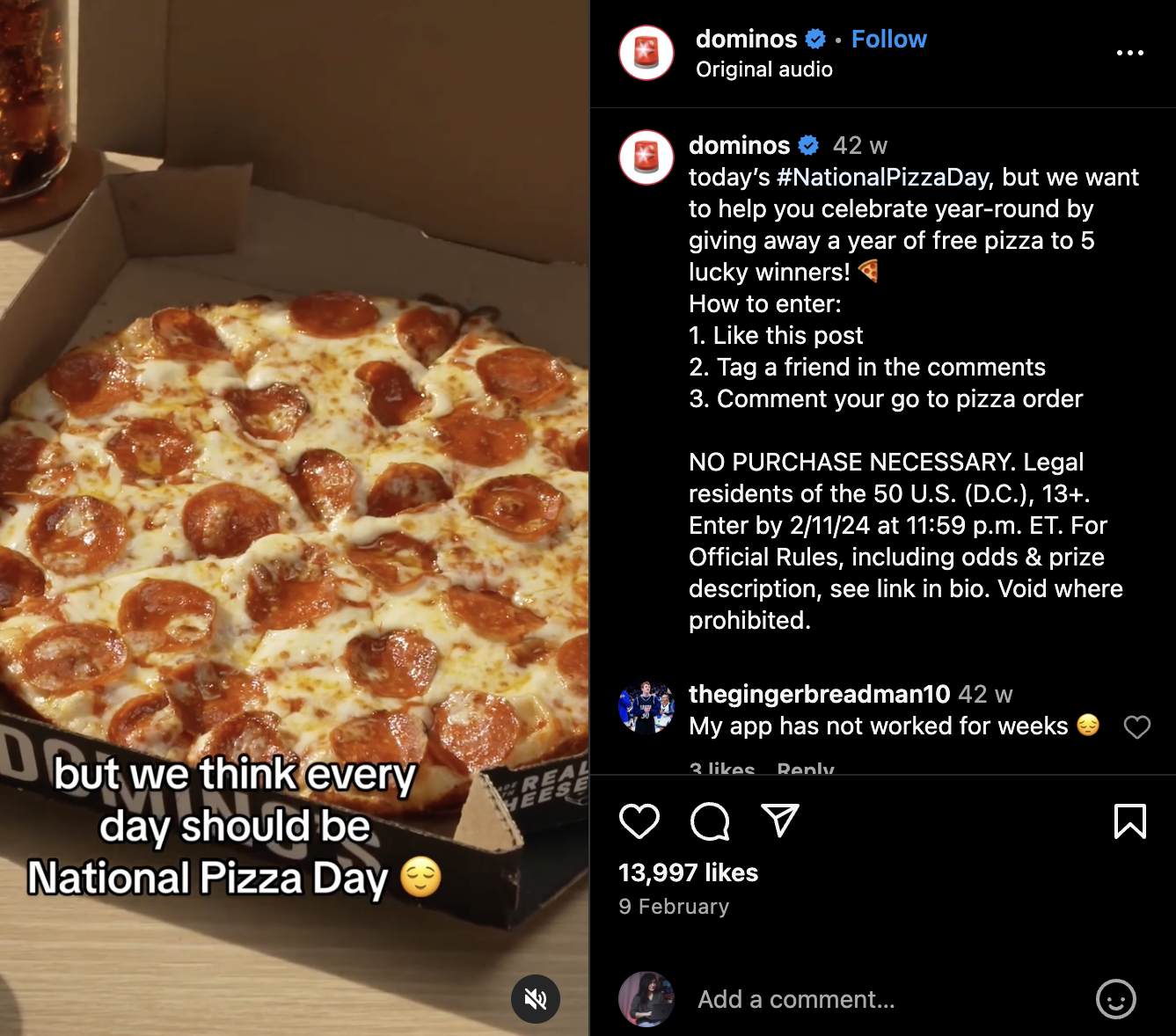 Domino's celebrates National Pizza Day with a giveaway for a year of free pizza, inviting fans to like, tag a friend, and share their favorite pizza order to enter.