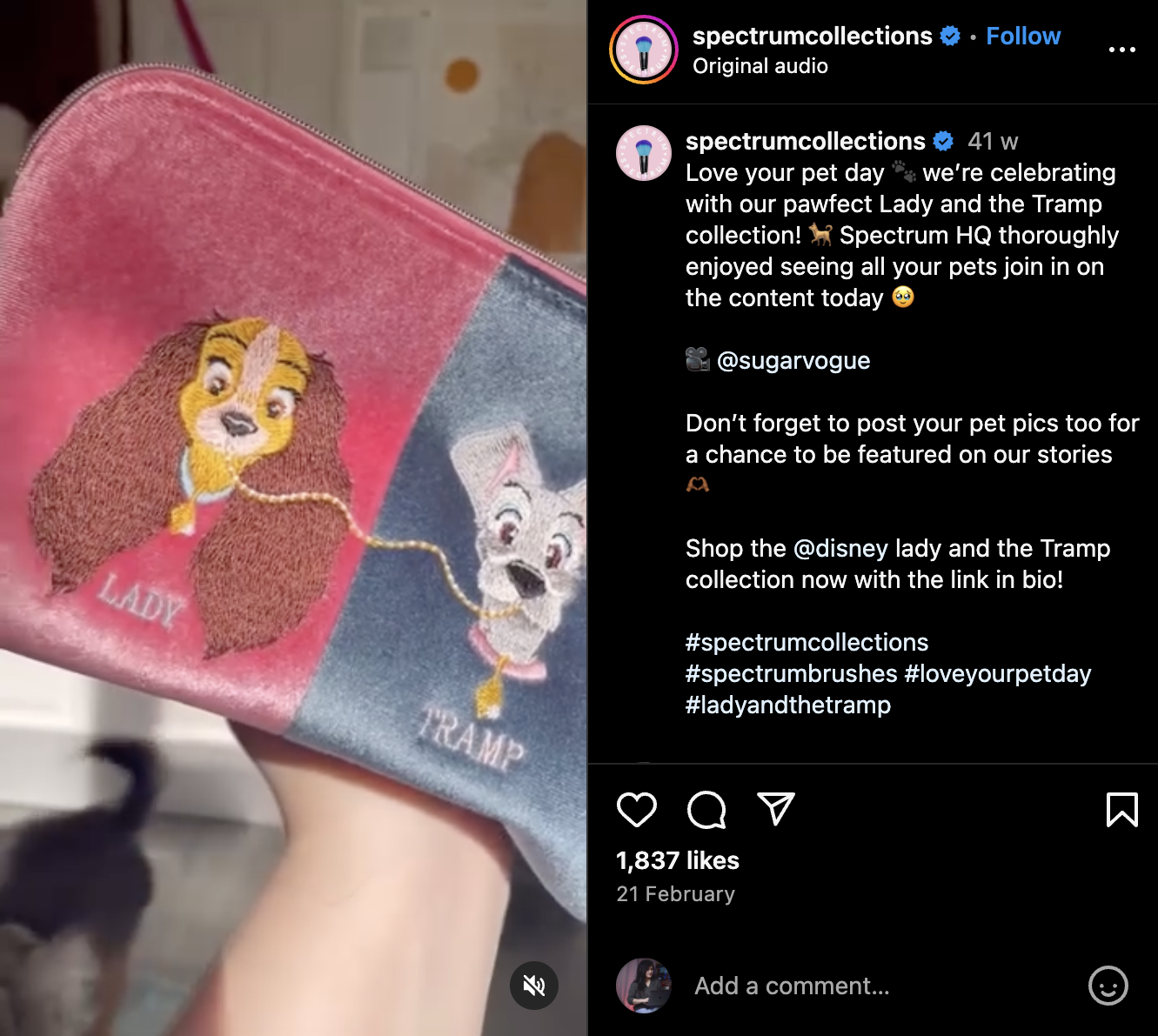 pectrum Collections post celebrating Love Your Pet Day with their Lady and the Tramp collection, featuring a shoutout to pets who joined the content fun at Spectrum HQ.