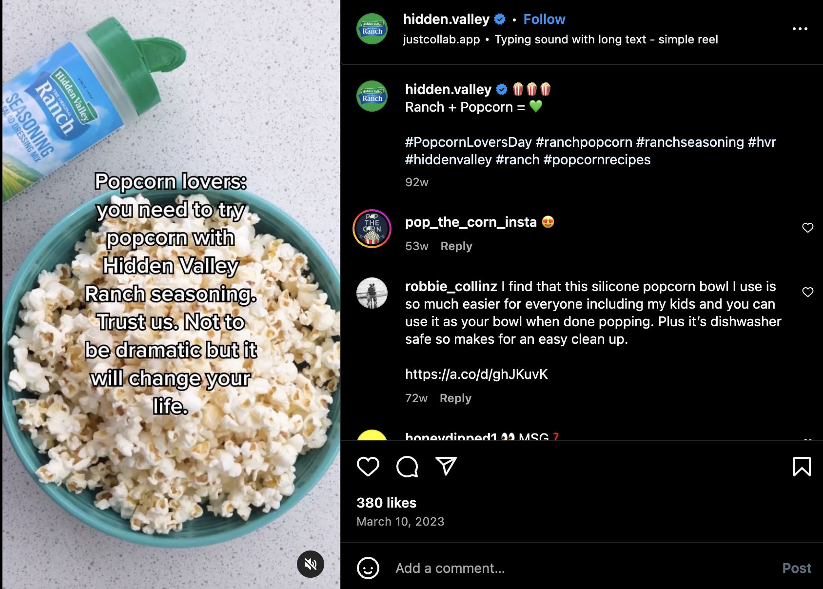 Hidden Valley post for Popcorn Lovers Day, highlighting a Ranch + Popcorn combo with hashtags celebrating ranch seasoning and popcorn recipes.