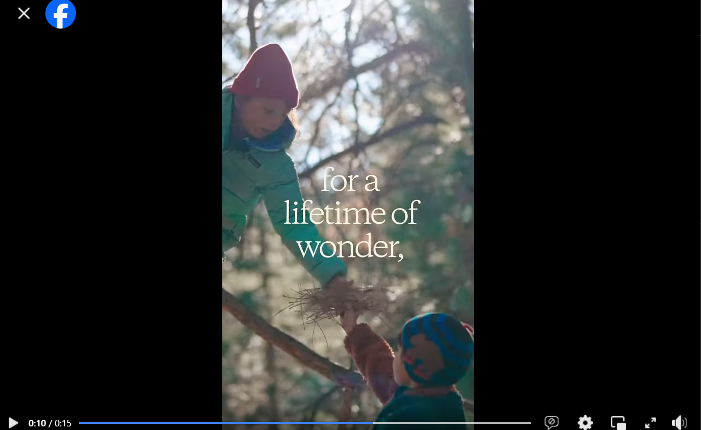 Still from Patagonia’s children’s gear video ad, featuring two kids in hats and coats and the onscreen text “for a lifetime of wonder.”