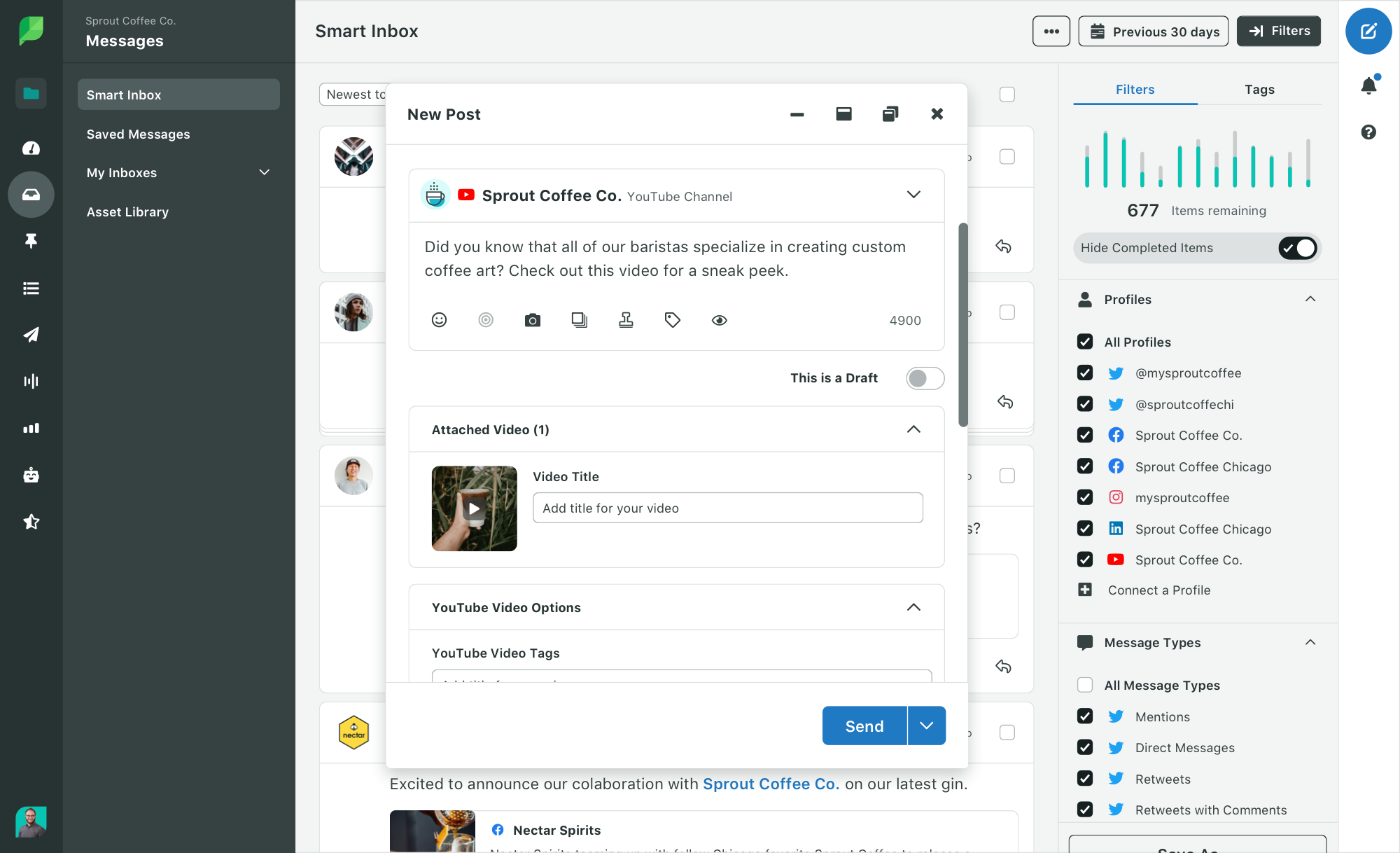 Sprout Social's Smart Inbox with a new video post.