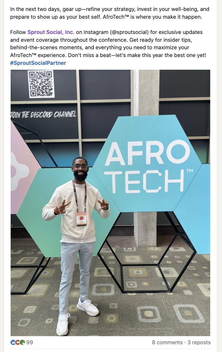 A LinkedIn post from Kerry Hartley, a nano-influencer who shares tips for preparing for AfroTech™ each year. In the post, he shares tips for AfroTech™ attendees preparing for the conference and encourages people to follow Sprout on Instagram to watch event coverage.