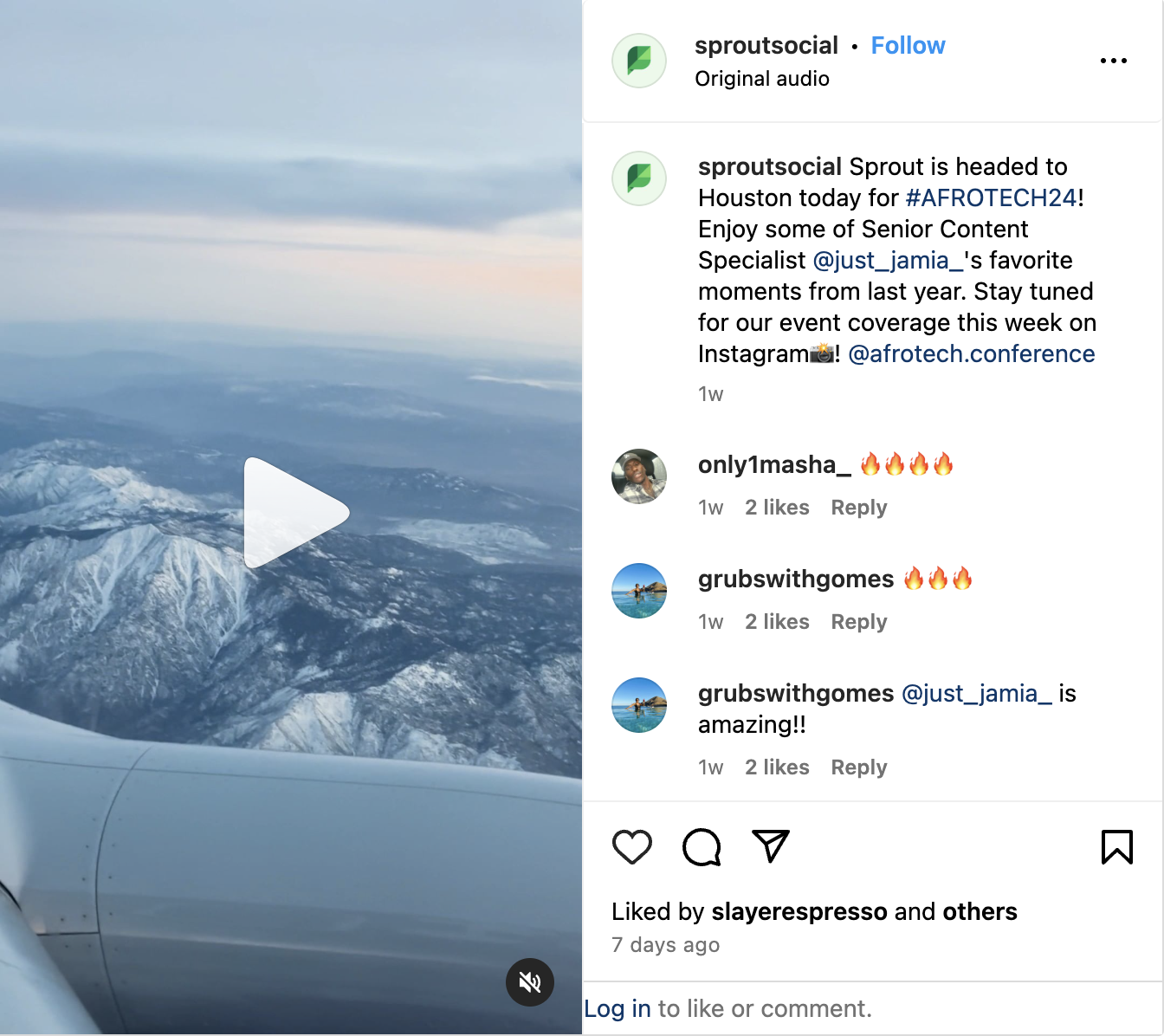 A Sprout Social Instagram Reel featuring footage from Senior Content Specialist's trip to AfroTech™ 2023. The caption encourages viewers to stay tuned for event coverage at AfroTech™ 2024.