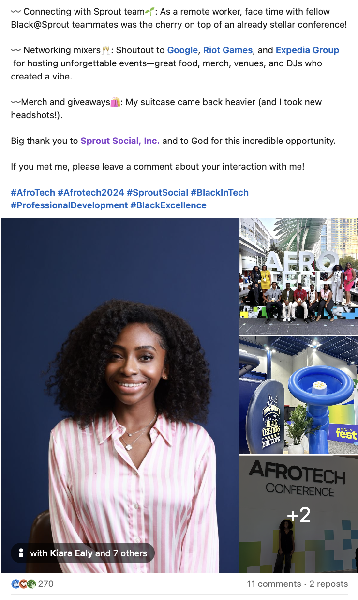 A LinkedIn post from Sprout employee Kenechukwu Uwajeh sharing her experience at AfroTech™ 2024.
