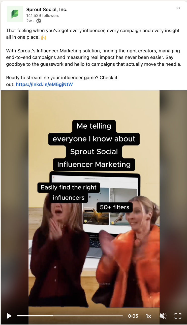 A Sprout Social LinkedIn post that explain how Sprout Influencer Marketing streamlines influencer management