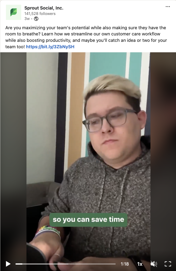 A Sprout Social LinkedIn video where a team member explains how we use the Sprout platform to maximize our workflows.