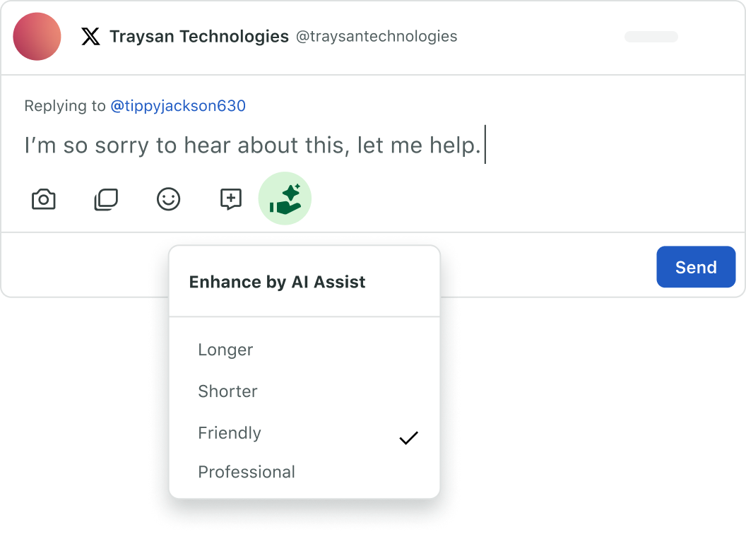The Enhance by AI Assist dropdown in Sprout's publishing window, where the user can select the right AI-generated responses.