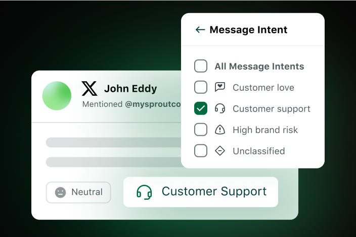 Sprout's Customer Care solution where you can select different message intents to better categorize messages.