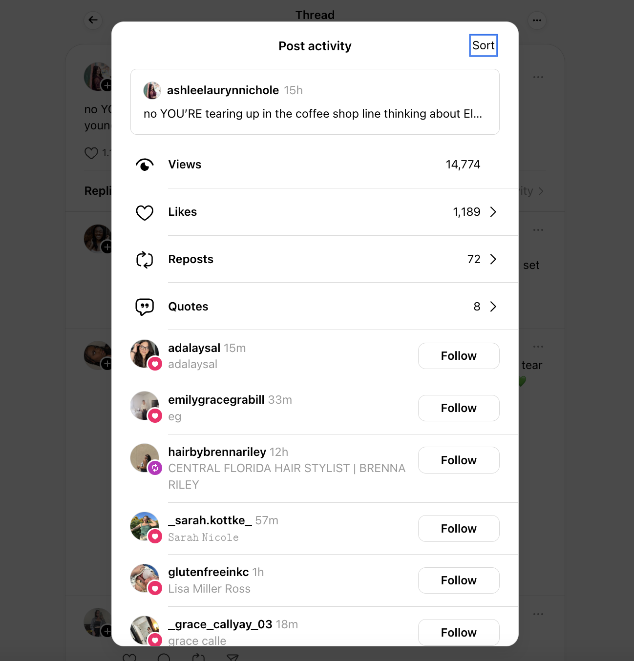 threads post activity showcasing a complete list of performance metrics like views, likes, reposts, quotes, and interactions with the post