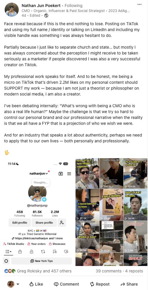 A LinkedIn post from Jun Poekert revealing himself on TikTok, showcasing how he integrates his creativity into his CMO duties