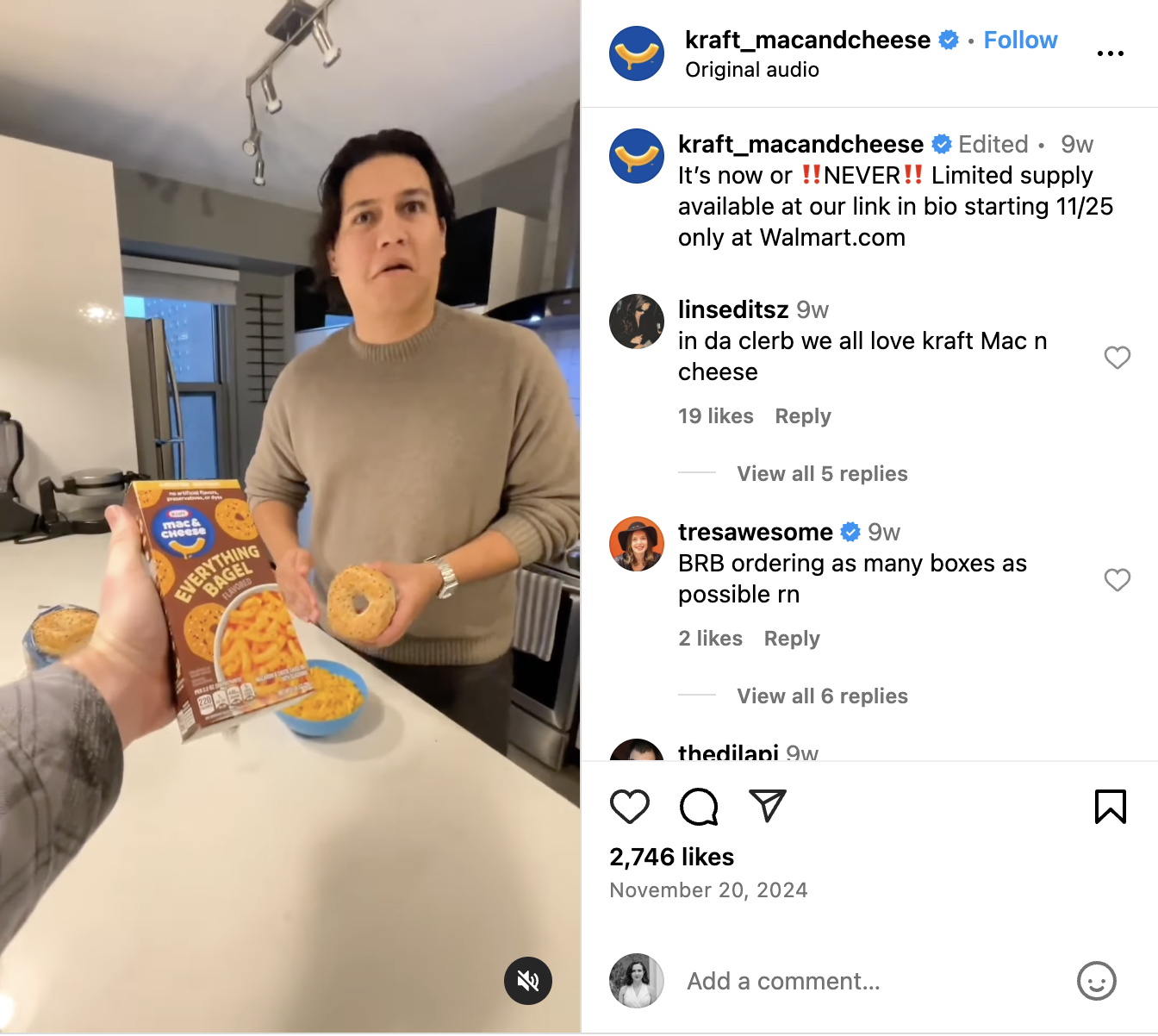 An Instagram Reel from Kraft Mac & Cheese showcasing their new