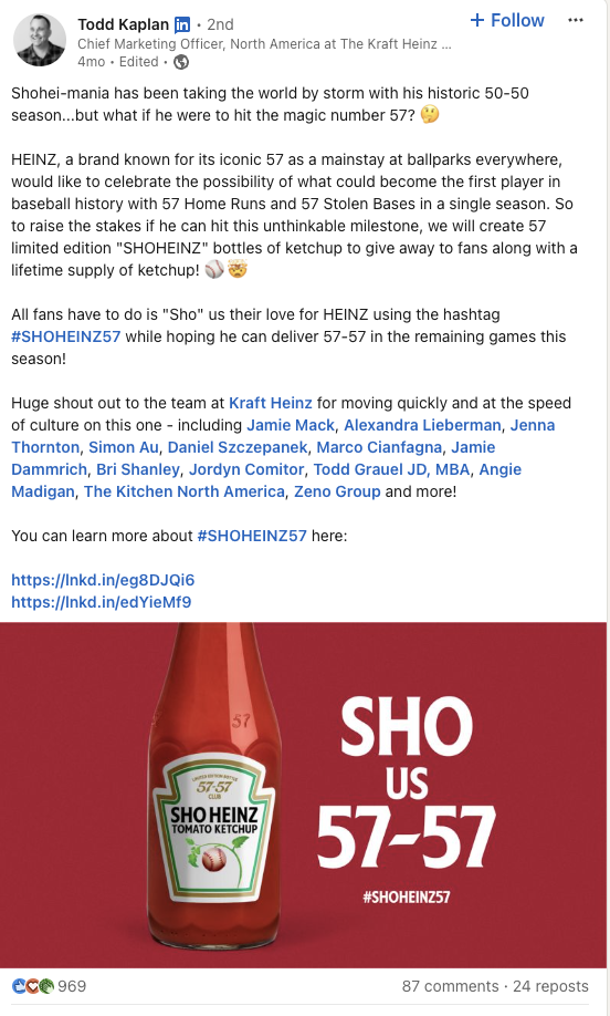 A LinkedIn post from Todd Kaplan discussing the redesign of a Heinz ketchup bottle referencing a MLB player's 57 home runs and stolen bases, exemplifying the brand's connection to stadiums in the US and the swift pace at which his team operates