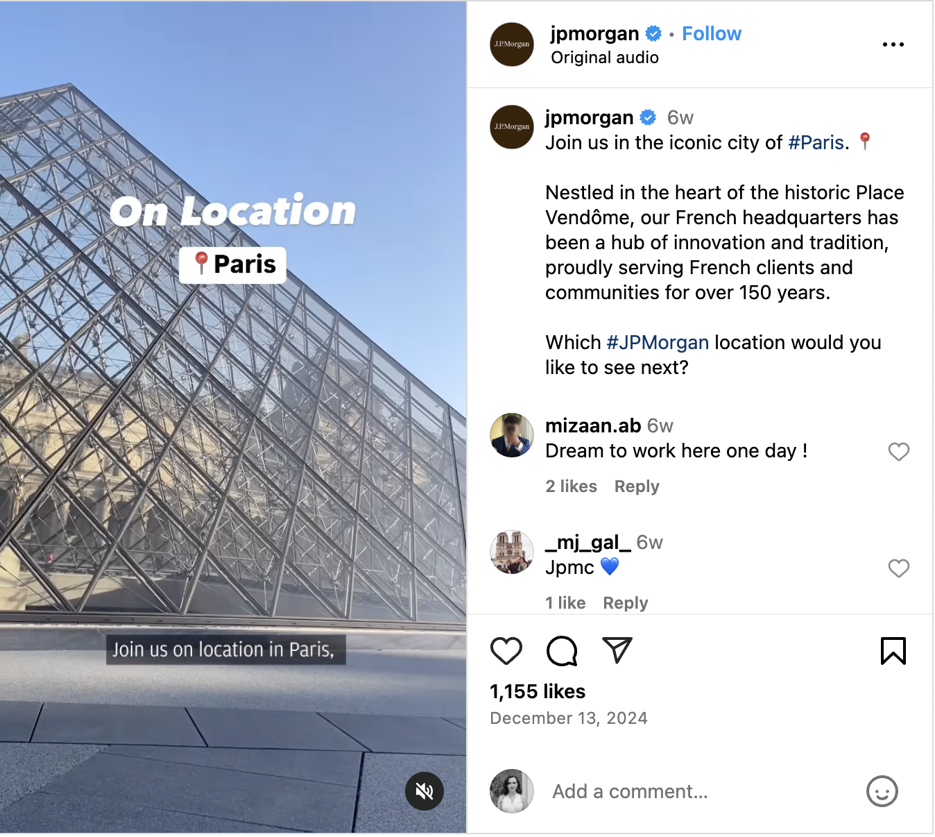An Instagram Reel giving viewers a tour of JP Morgan Chase's French headquarters in Paris.