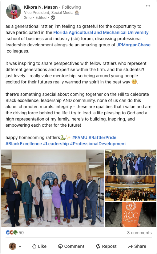 A LinkedIn post from Kikora Mason discussing her speaking engagement at FAMU