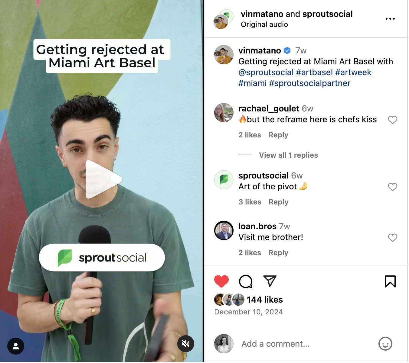 An Instagram Reel featuring a creator collaborating with Sprout Social on-site at Art Basel
