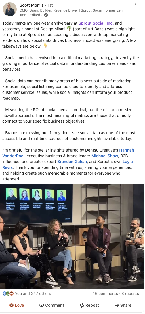 A LinkedIn post from Scott Morris commemorating his one-year anniversary at Sprout Social