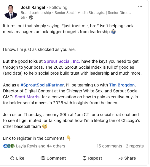 A LinkedIn post from Josh Rangel discussing how social teams can secure bigger budgets from leadership
