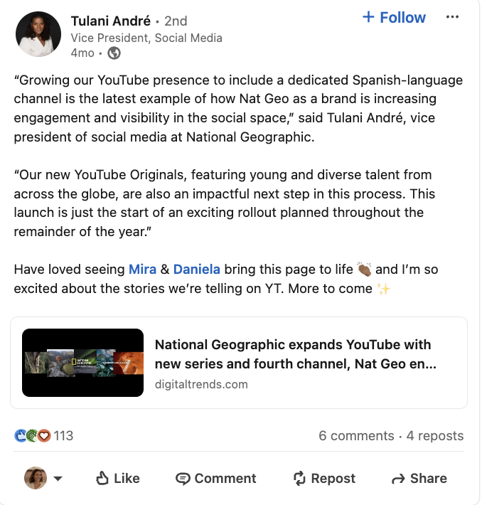 A LinkedIn post from Tulani André regarding National Geographic's Spanish-language YouTube channel