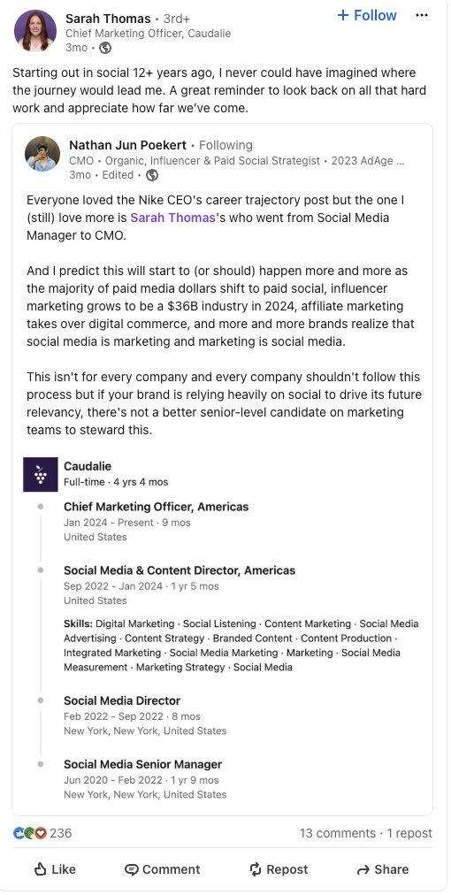 A LinkedIn post detailing Sarah Thomas' unique career journey from social media manager to CMO