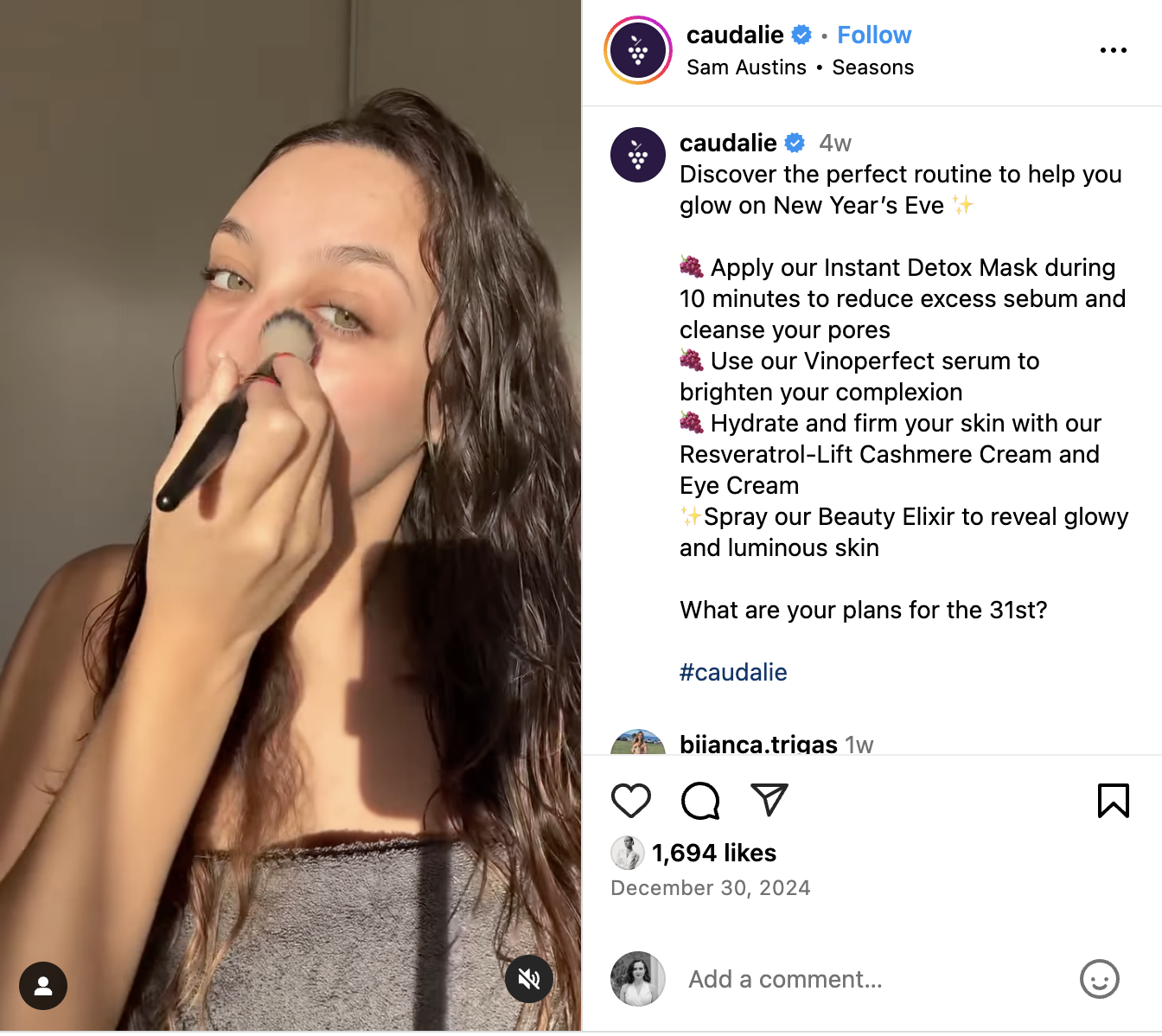An Instagram Reel from Caudalie of a creator showcasing their products in a New Year's Eve routine